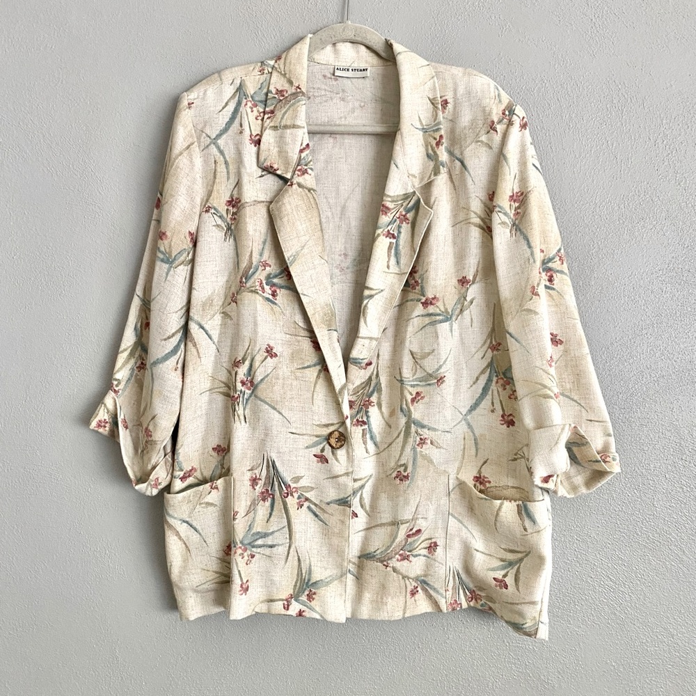 Vintage Alice Stuart Womens Blazer Off White Cream Floral Open Front